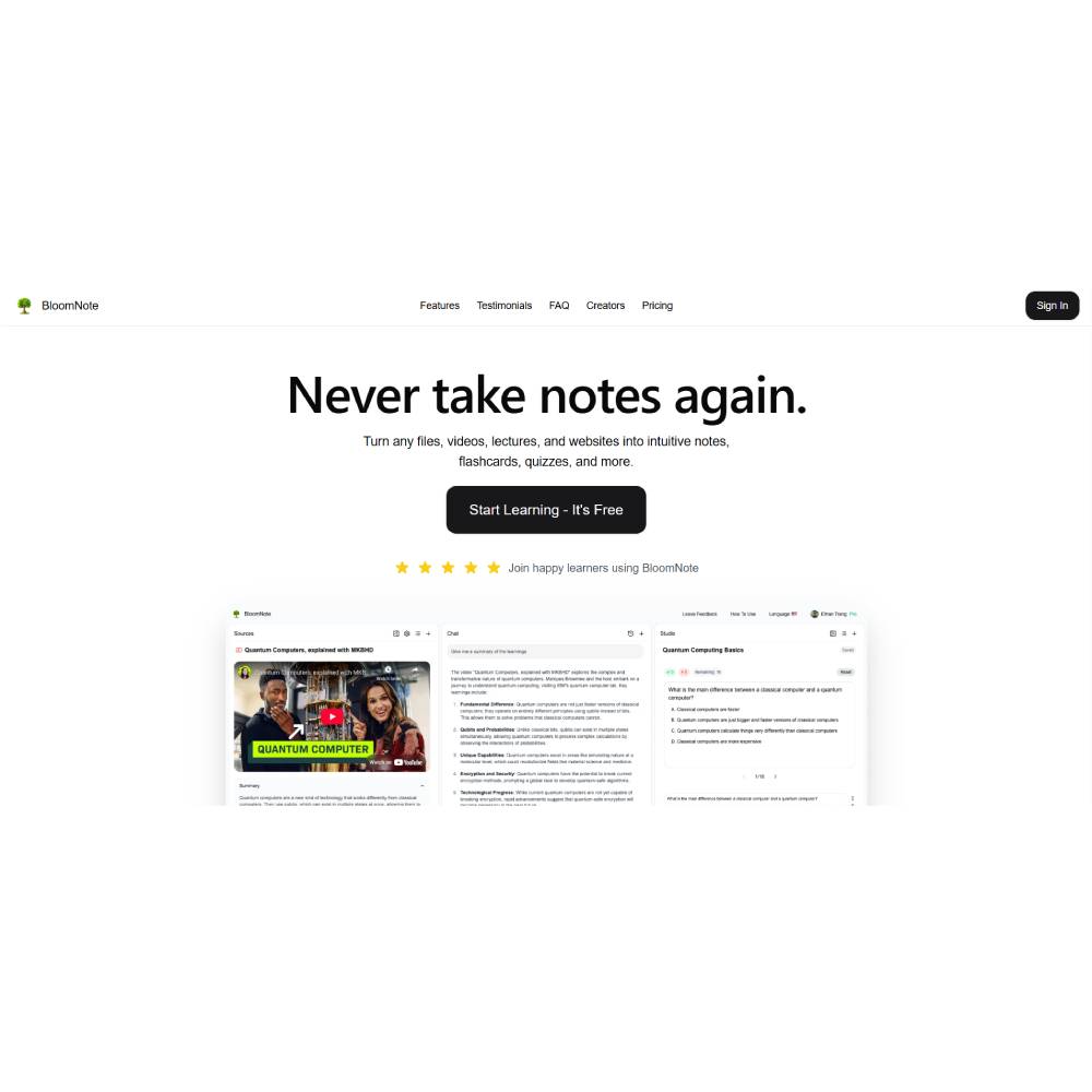 BloomNote — AI Study Tool for Notes Flashcards Quizzes and More