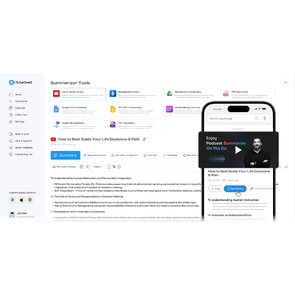 TubeOnAI – AI Summarization & Content Repurposing Tool